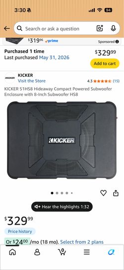 Kicker Hideaway HS8 Powered Subwoofer – Like New – Complete Kit – $280 OBO