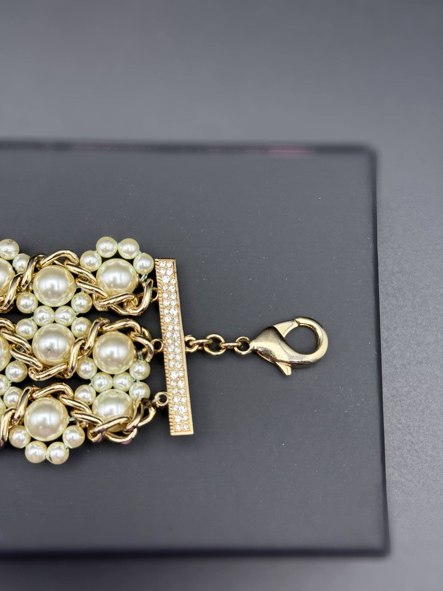 Authentic Chanel Large Golden Pearl & Strass Bracelet box & tag