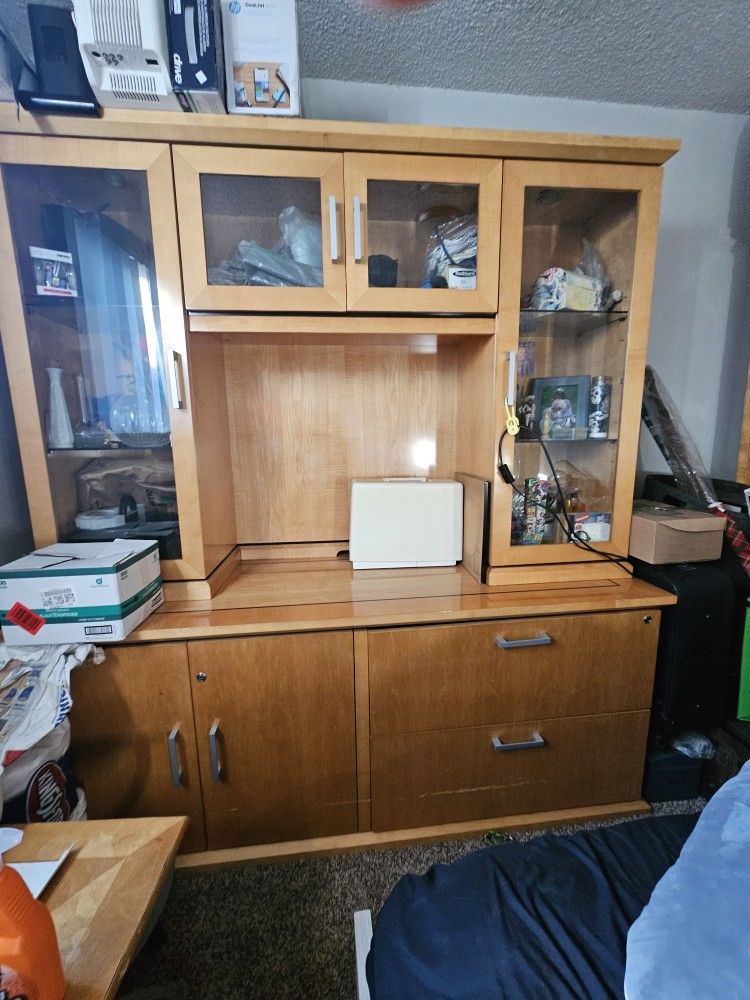 Solid Maple Credenza With Hutch + Two Matching Bookcases
