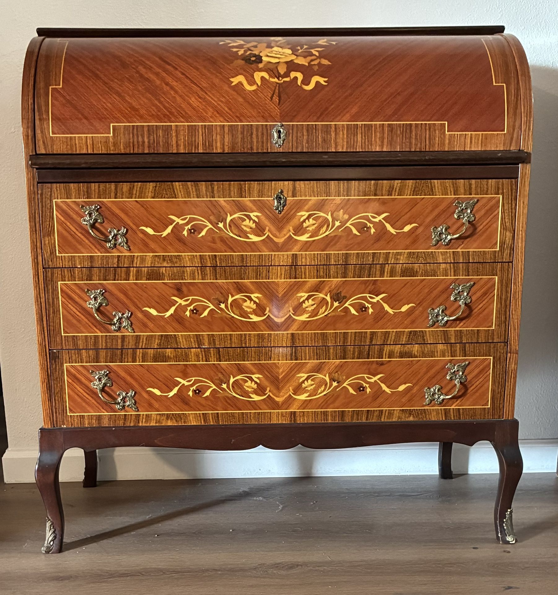 Vintage Marquetry Cylinder Roll-Top Desk