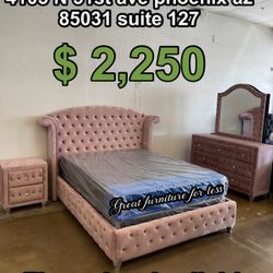 Queen Size Bedroom Set Pink Velvet Include Bed Frame Dresser Mirror Nigstand And Mattress Brand New