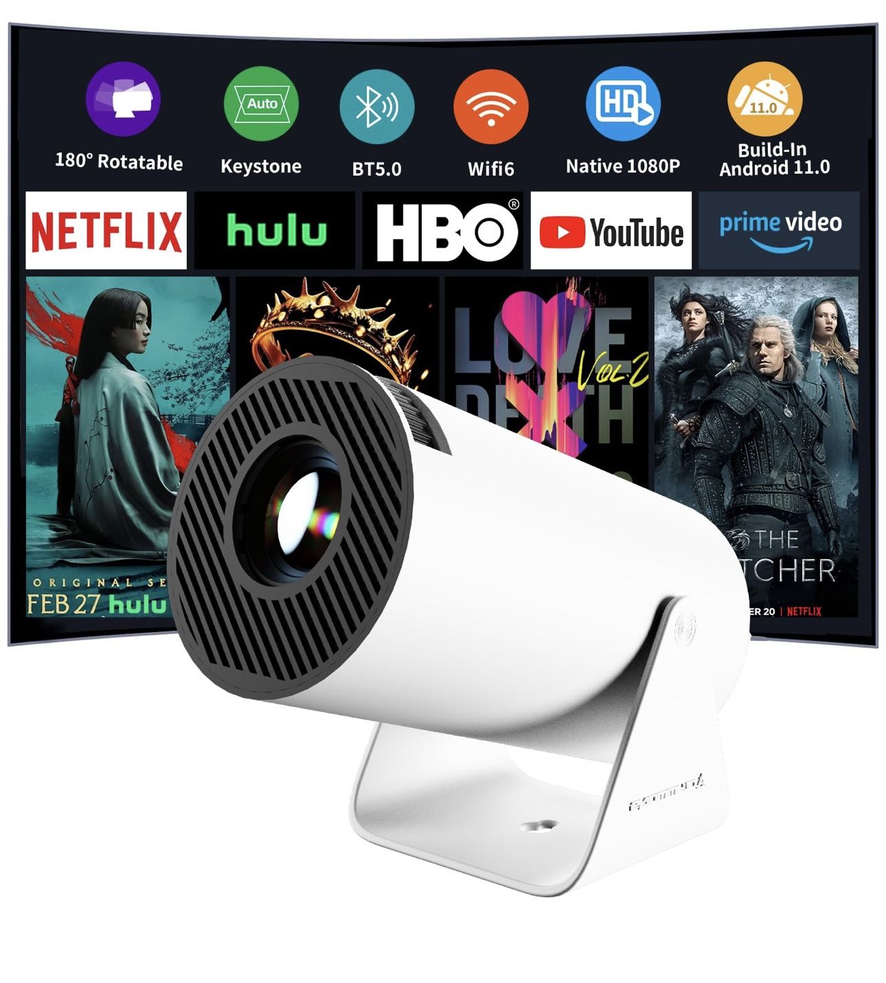 Mini Portable Projector with WiFi 6 and Bluetooth 5.0 Smart Projector 1080P Support Movie Projector 4K Decode Built-in Android 11.0 for Home Theater C