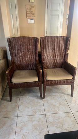 Wicker Wingback Armchairs with Cushions – Set of 2