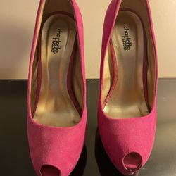 Hot Pink Suede Open Toe Stiletto Heels - Size 7