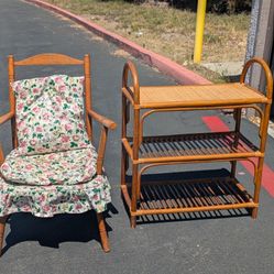 Cute Antique Cricket Chair And Antique Bamboo Shelf