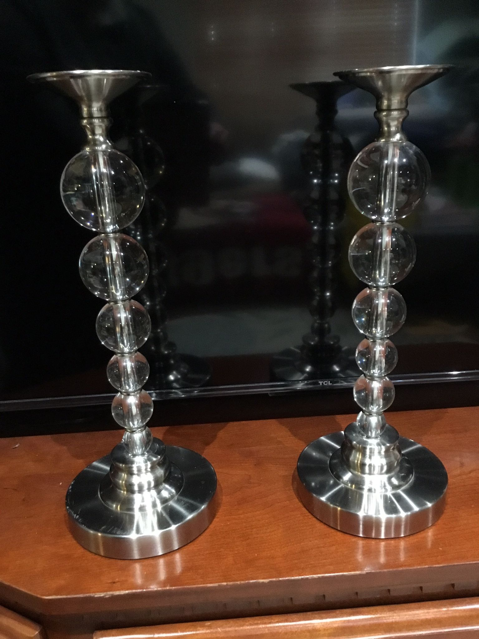Pair Of Tall Crystal Candle Sticks Or Lifts 