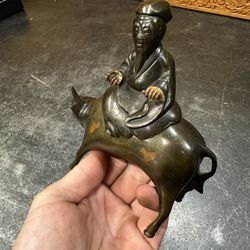Chinese Antique Cast Bronze Censer of Scholar Seated on a Bull Mid Qing Dynasty