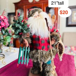 21” tall Santa with Fur boots, skis, Sled, and Canoe. Christmas Decor