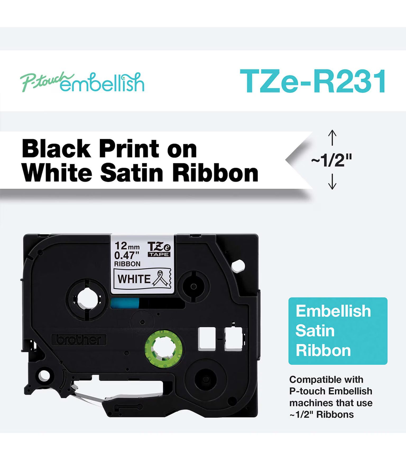 Brother P-touch Embellish Satin Ribbon 0.47''x13.1' Black on White NEW!! NIB