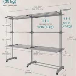 SONGMICS Clothes Drying Rack 4-Tier Foldable Laundry Drying Rack w/ Extendable Rods Stainless Steel - Gray