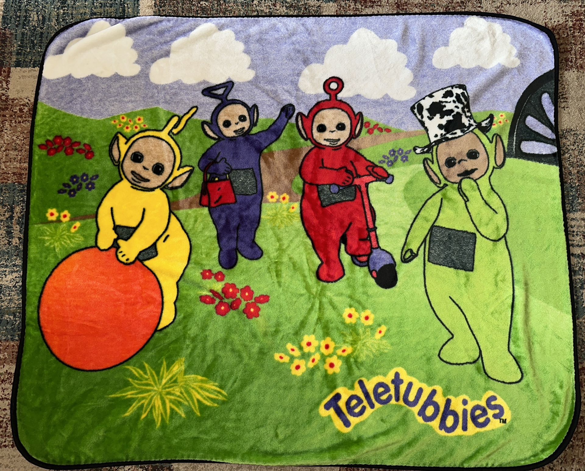 Vintage TELETUBBIES Plush Blanket 50" x 60" Tinky Dipsy Po La La - RARE