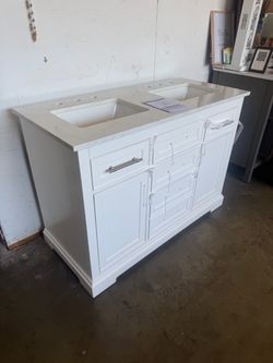 Caville 48 in. Doble Sink Freestanding White Bath Vanity with Carrara marble top and Power Outlet (Assembled) $450