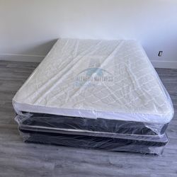 Queen mattress pillow top set with box spring (2pc - new)