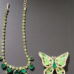 Vintage Emerald Green Rhinestone Necklace And Butterfly Brooch