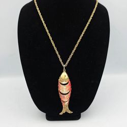 Vtg Gold Tone Orange White Cloisonne Enamel Koi Fish Pendant Articulating 3.5"