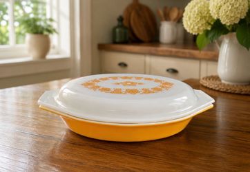 Vintage Pyrex Divided Casserole Dish with Lid – Golden Floral Pattern