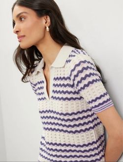 Marine Layer Spencer Purple and Beige Groove Striped Knit Sweater Polo - Women’s size Large