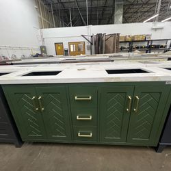 60 double sink, green, vanity cabinet, tocador, drawer