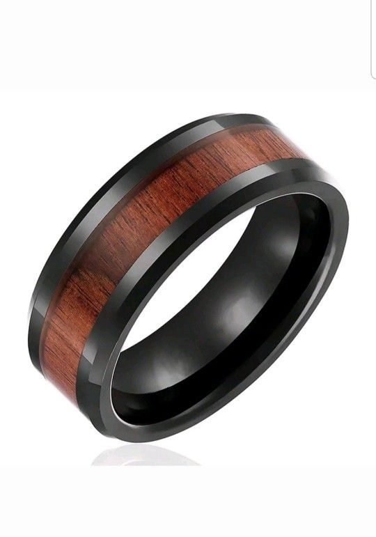 Brand New Stainless Steel Unisex Rings Wood Inlay