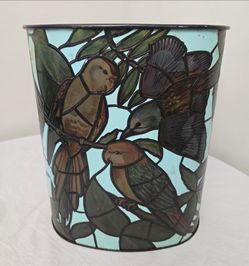 Vintage 13" Metal Trash Can Stained Glass Look Birds & Flowers Metallic