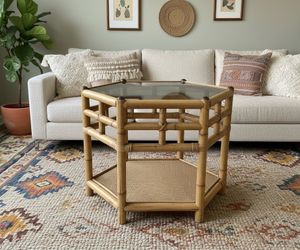 Vintage Mid Century Tortoise Shell Rattan Bamboo Hexagon Glass Top Side/End Table 26.5x23x20in