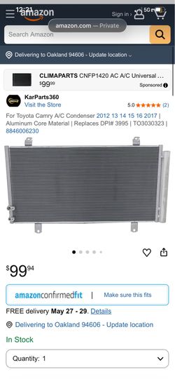 Toyota Camry A/C Condenser 2012 13 14 15 16 2017 | Aluminum Core Material | Replaces DPI# 3995 | TO(contact info removed) | (contact info removed)