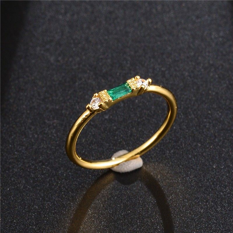 "Gold Green Chic Rectangle Round Gems Dainty Ring for Women, VIP173 for