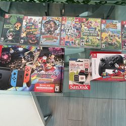 New/sealed Switch, 9  games, 1 extra controller, and a 256 GB card 