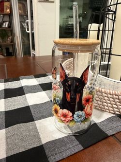 Doberman Glass cup with bamboo lid and glass straw