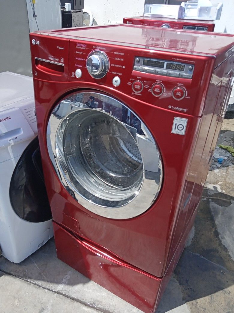 LG Red Front Load Set With Pedestals Appliances