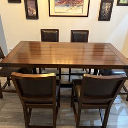 Rustic Wood Dining Table with 6 Leather Chairs