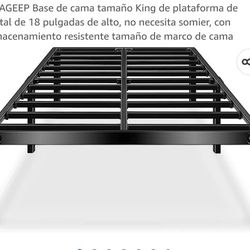 Base de cama tamaño King de plataforma de metal de 18 pulgadas de alto, no necesita somier, con almacenamiento resistente tamaño de marco de cama

