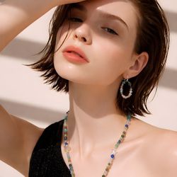 Handmade Pastel Beaded Necklace & Hoop Earring Set – Gemstone Jewelry