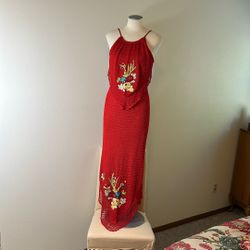 Cache , Rare, Vintage Red, Embroidered, Vibrant And Beaded Gala Gown
