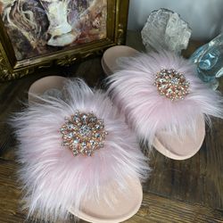 Pink Fuzzy Glam Slippers with Crystal Brooch, Luxe Faux Fur Slides, Size 