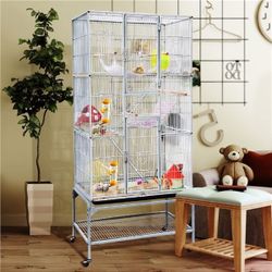 Heavy-duty Metal Construction, Detachable Rolling Stand, 2 Front Doors, 8 Feeder Doors, 1cm/0.4" Bar Spacing, Free Feeders & Perches & Bungee Rope, Su