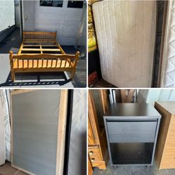 4 pc: wood full size bed frame $75,  angel full-size mattress $30, boxspring $30, night $25
