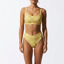 Dippin Daisys Retro Floral Bikini Set M Crossover High Waist Orange Green Swim