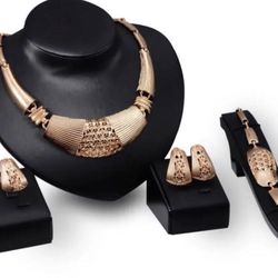 African Gold Plated 4pcs Jewelry Set Necklace Bracelet Earrings and Ring