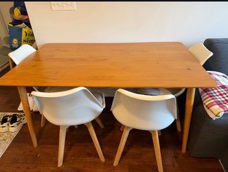 Modern Wood Dining Table with 4 White Chairs