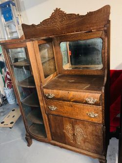 Victorian Antique Oak Side by Side Sideboard China Cabinet, Curved Glass