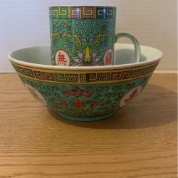 Chinese Porcelain Turquoise Wan Shou Wu Jiang Bowl And Cup Medallions Flowers 7”