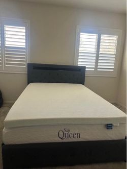 Charcoal Gray Storage Bed Frame, Mattress, and Topper