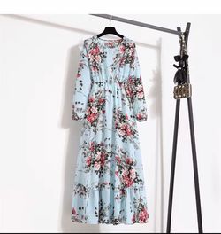 Women's Long Sleeve Floral Maxi Dress (Light Blue & Pink Flowers)