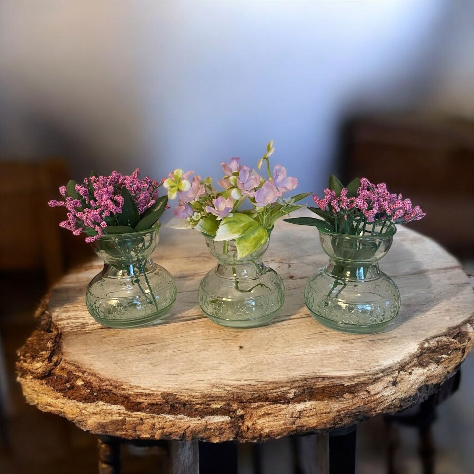 3 Pretty Green Glass Vases With Flowers !  4” X 4”