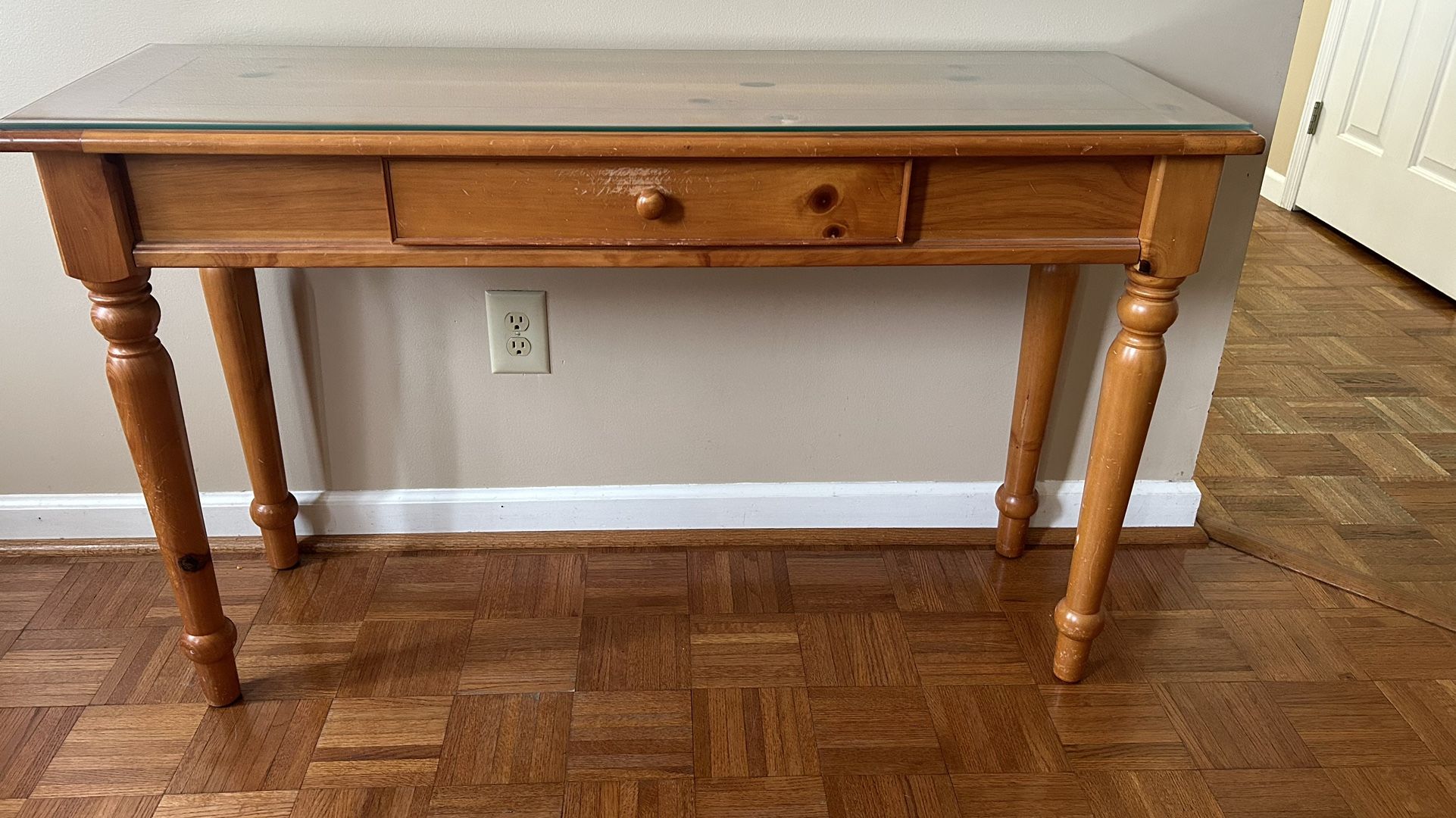 Oak Sofa/Console Table with Beveled Glass Top