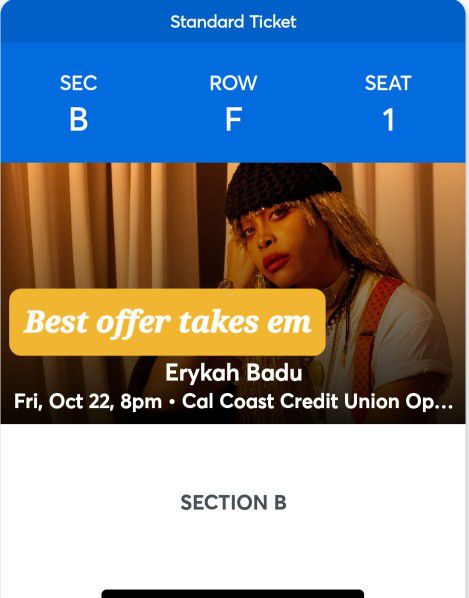2 Tickets For Erykah Badu In San Diego Tonight!!