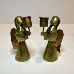 Brass And Copper Angel 2 Candle Holders MCM Made Mexico 5" Vintage