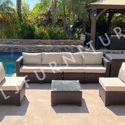 NEW🔥Outdoor Patio Furniture NEW Brown Wicker Beige 4” cushions Set with storage and cover!