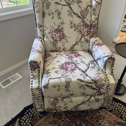 Pair of Floral Wingback Recliners – Matching Chinoiserie Set with Nailhead Trim